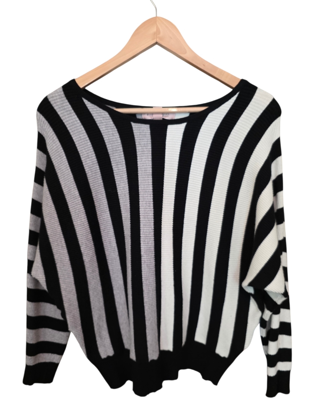 Philosophy EUC Black White & Gray Striped Dolman Sleeve Sweater Ribbed Hem SzXL